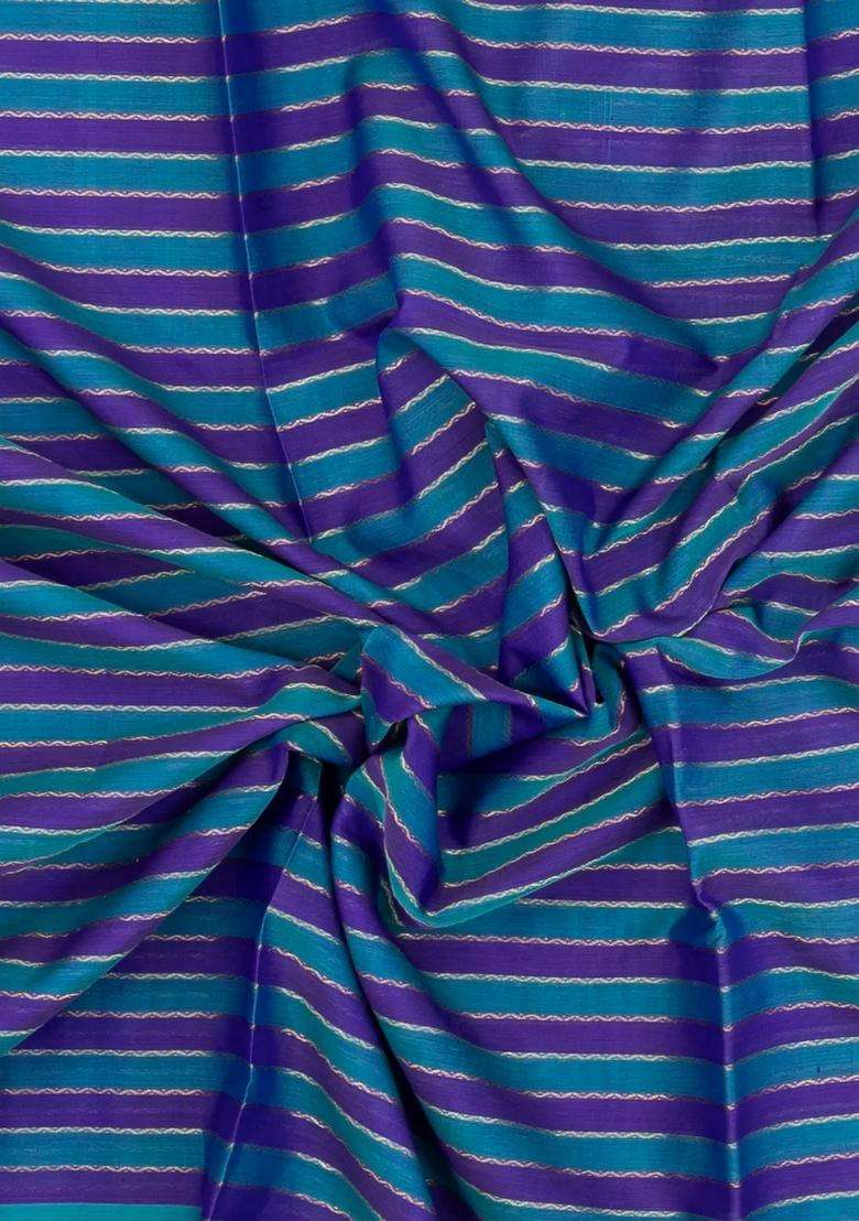 Cyan Purple Handloom Soft Silk Cotton Saree With Stripes With Checks And Stripes Design For Women - Indya