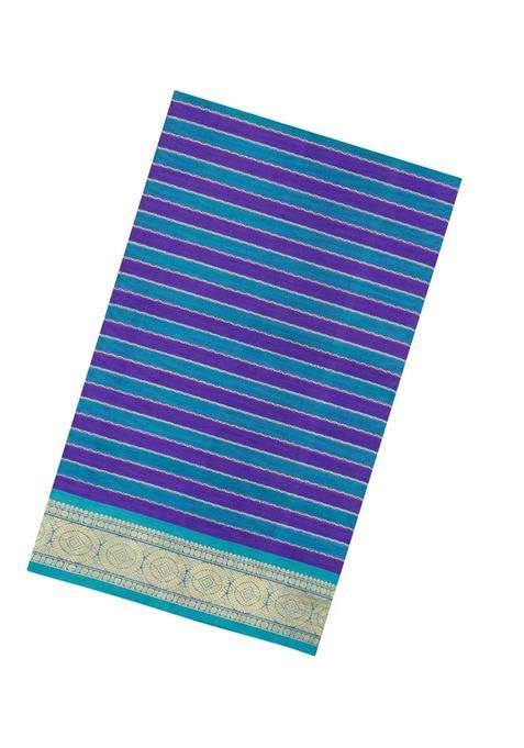 Cyan Purple Handloom Soft Silk Cotton Saree With Stripes With Checks And Stripes Design For Women
