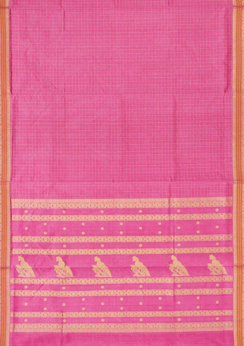 Bubblegum Pink Handloom Silk Cotton Saree With Checks With Checks And Stripes Design For Women - Indya
