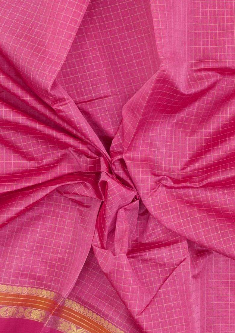 Bubblegum Pink Handloom Silk Cotton Saree With Checks With Checks And Stripes Design For Women - Indya