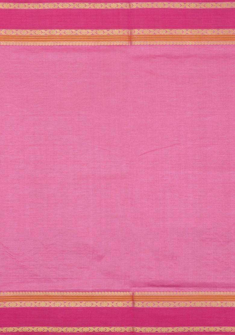 Bubblegum Pink Handloom Silk Cotton Saree With Checks With Checks And Stripes Design For Women - Indya