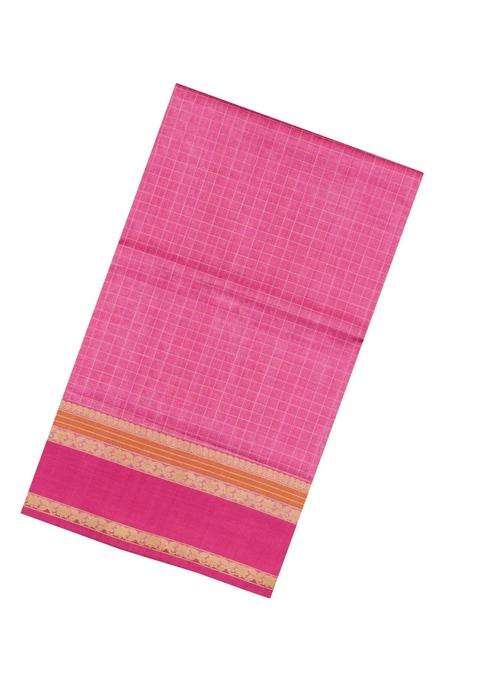 Bubblegum Pink Handloom Silk Cotton Saree With Checks With Checks And Stripes Design For Women