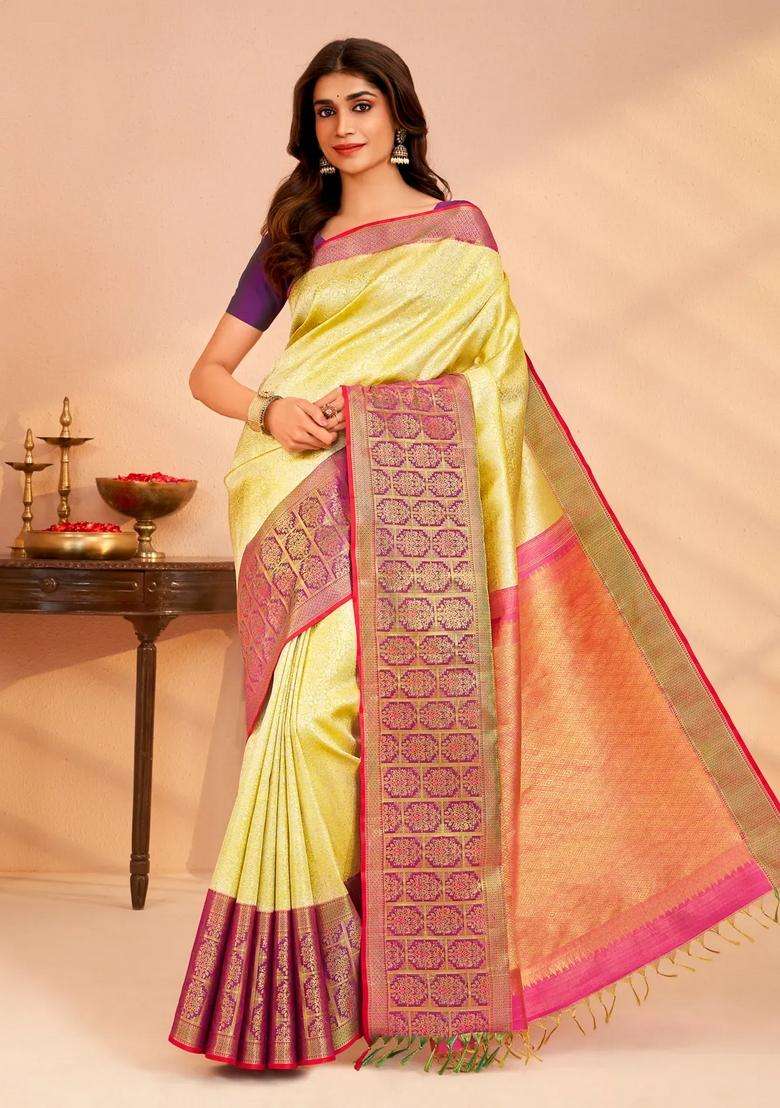 Yellow Handloom Kanchipuram Silk Saree With Floral Vine Motifs With Buttas And Brocade Design For Women - Indya