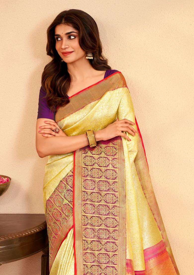 Yellow Handloom Kanchipuram Silk Saree With Floral Vine Motifs With Buttas And Brocade Design For Women - Indya