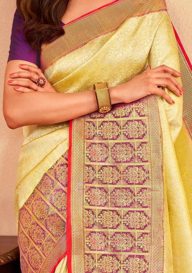 Yellow Handloom Kanchipuram Silk Saree With Floral Vine Motifs With Buttas And Brocade Design For Women - Indya