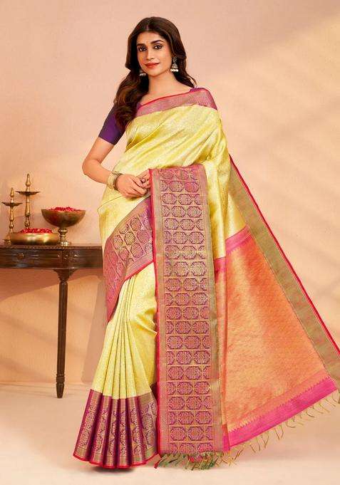 Yellow Handloom Kanchipuram Silk Saree With Floral Vine Motifs With Buttas And Brocade Design For Women