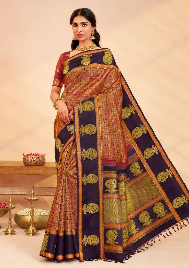Rust Handloom Kanchipuram Silk Saree With Annam Motifs With Buttas And Brocade Design For Women - Indya