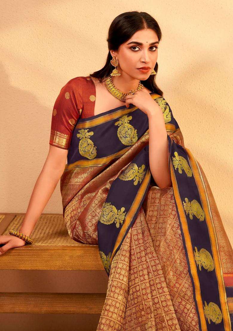 Rust Handloom Kanchipuram Silk Saree With Annam Motifs With Buttas And Brocade Design For Women - Indya