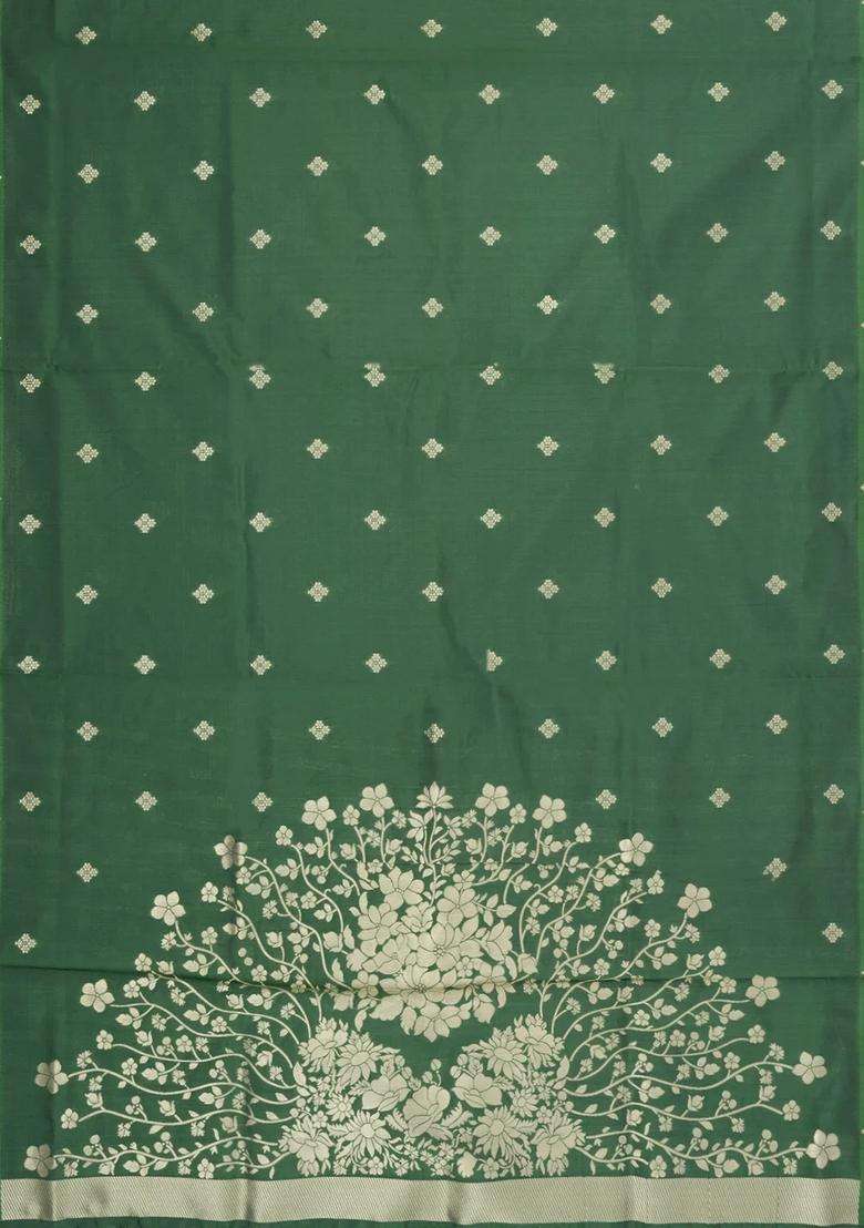 Dark Green Woven Blended Aura Art Silk Saree With Zari Buttas Zari Border With Buttas And Brocade Design For Women - Indya