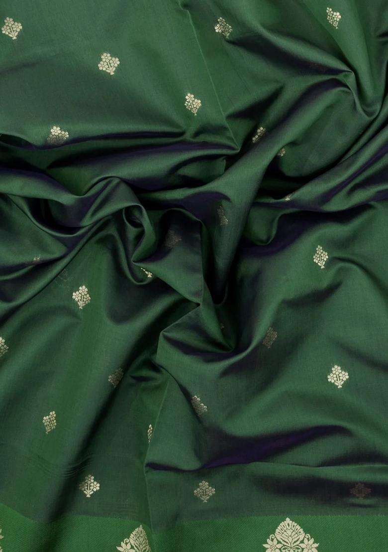Dark Green Woven Blended Aura Art Silk Saree With Zari Buttas Zari Border With Buttas And Brocade Design For Women - Indya