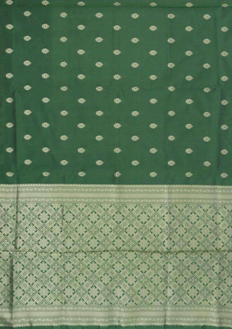 Dark Green Woven Blended Aura Art Silk Saree With Zari Buttas Zari Border With Buttas And Brocade Design For Women - Indya