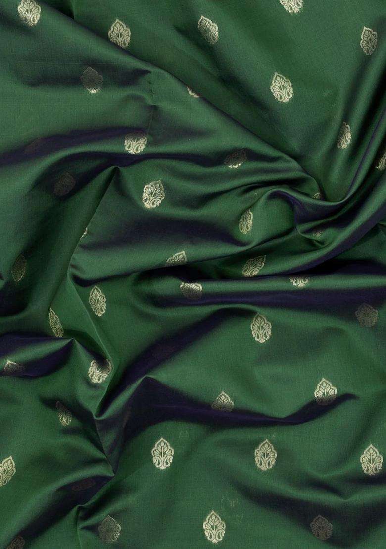 Dark Green Woven Blended Aura Art Silk Saree With Zari Buttas Zari Border With Buttas And Brocade Design For Women - Indya