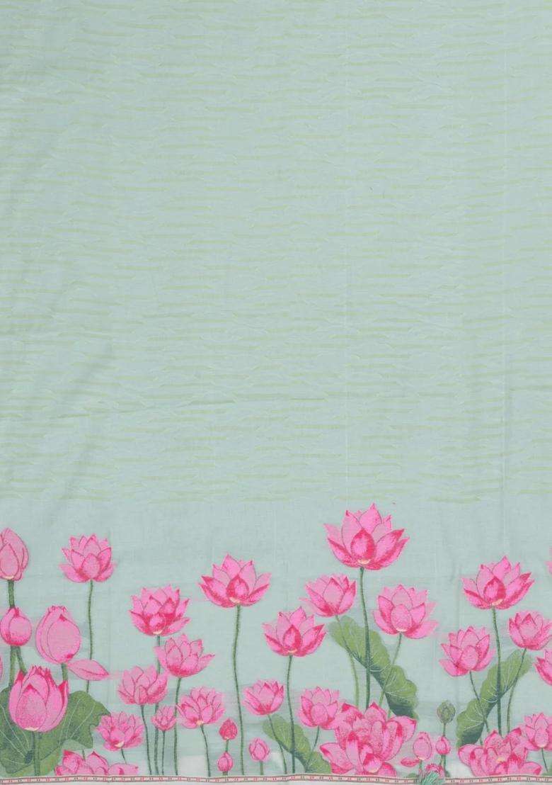 Mint Green Printed Blended Exclusive Chanderi Silk Cotton Saree With Jhalar For Women - Indya