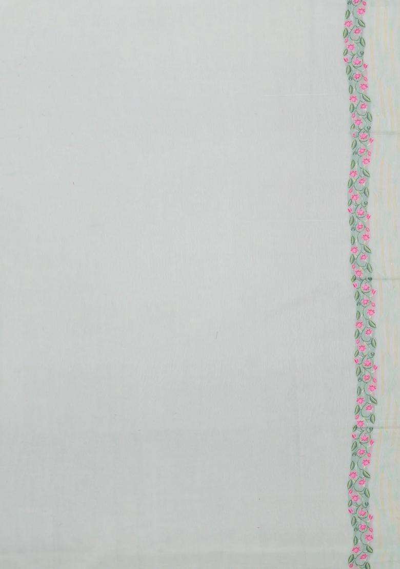 Mint Green Printed Blended Exclusive Chanderi Silk Cotton Saree With Jhalar For Women - Indya