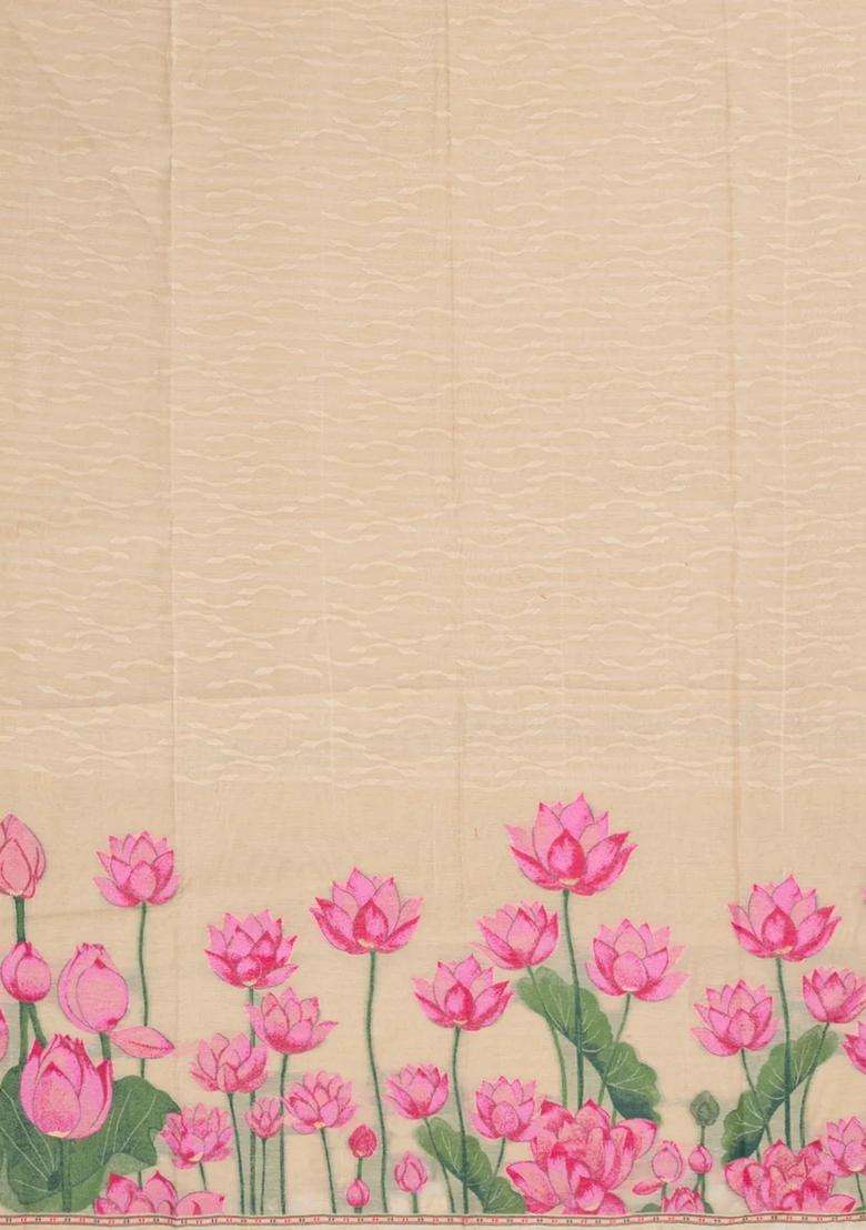 Taupe Printed Blended Exclusive Chanderi Silk Cotton Saree With Jhalar For Women - Indya