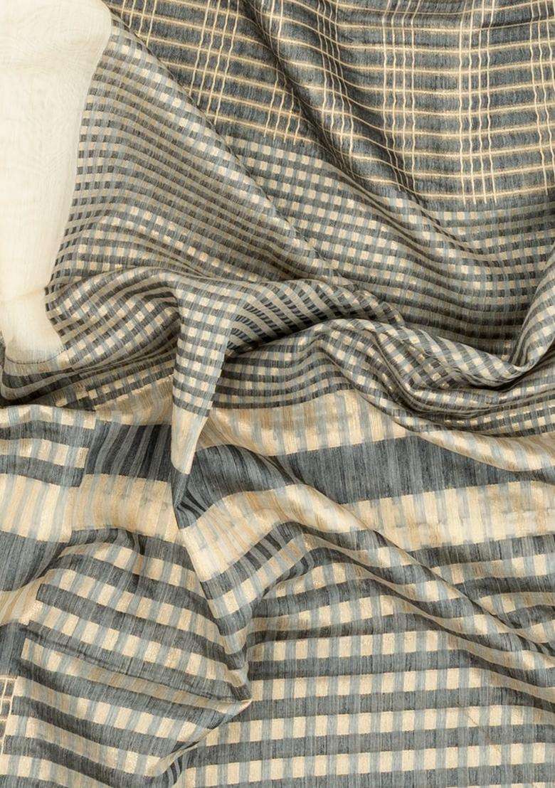 Taupe Woven Blended Exclusive Chanderi Silk Cotton Saree With Jhalar With Checks And Stripes Design For Women - Indya