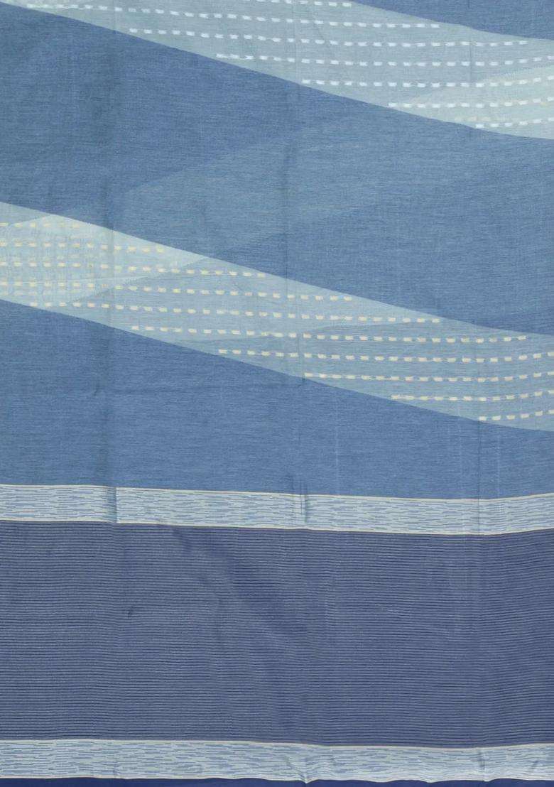 Blue Woven Blended Exclusive Chanderi Silk Cotton Saree With Jhalar With Checks And Stripes Design For Women - Indya
