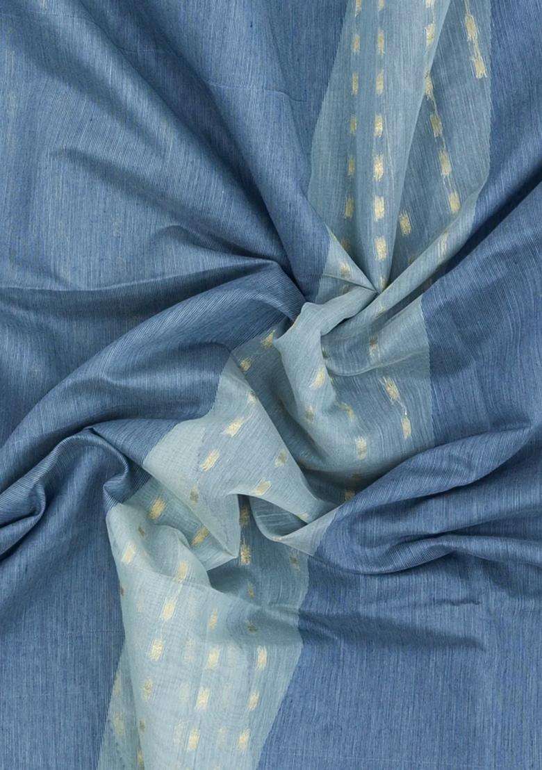 Blue Woven Blended Exclusive Chanderi Silk Cotton Saree With Jhalar With Checks And Stripes Design For Women - Indya