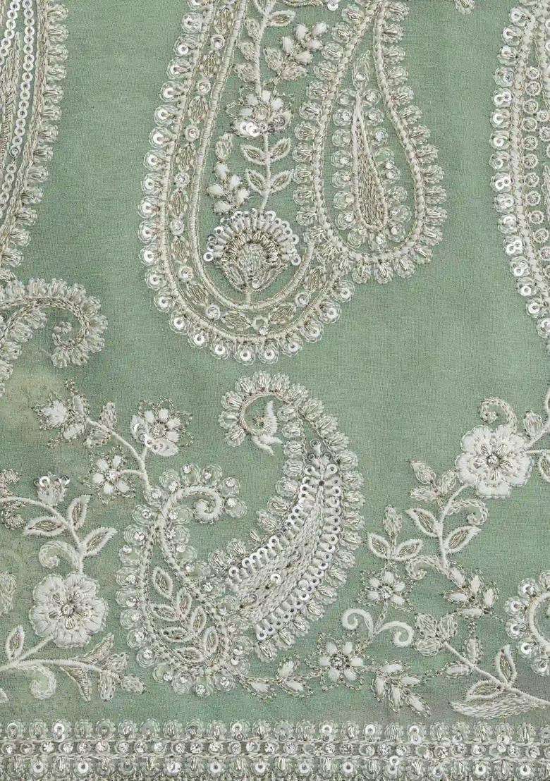 Light Green Woven Synthetic Blended Art Silk Saree With Embroidered Floral Motifs For Women - Indya