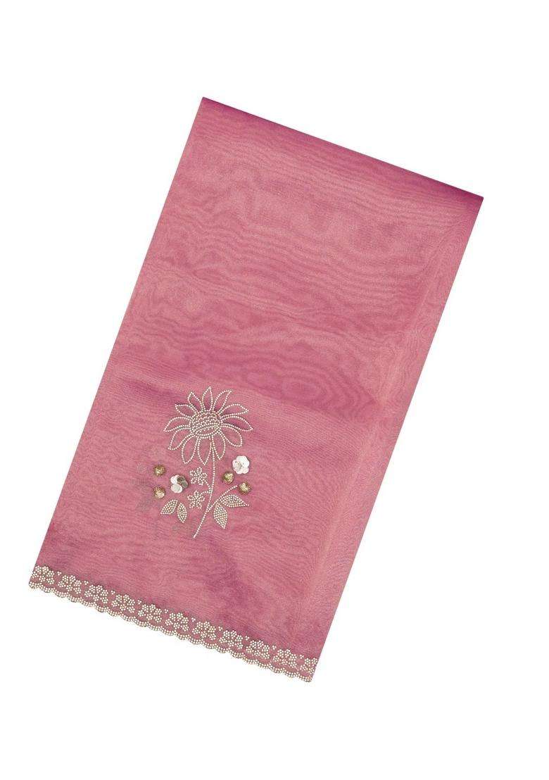 Peach Woven Synthetic Blended Tissue Saree With Embroidered Motifs For Women - Indya