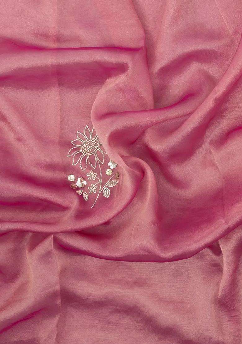 Peach Woven Synthetic Blended Tissue Saree With Embroidered Motifs For Women - Indya