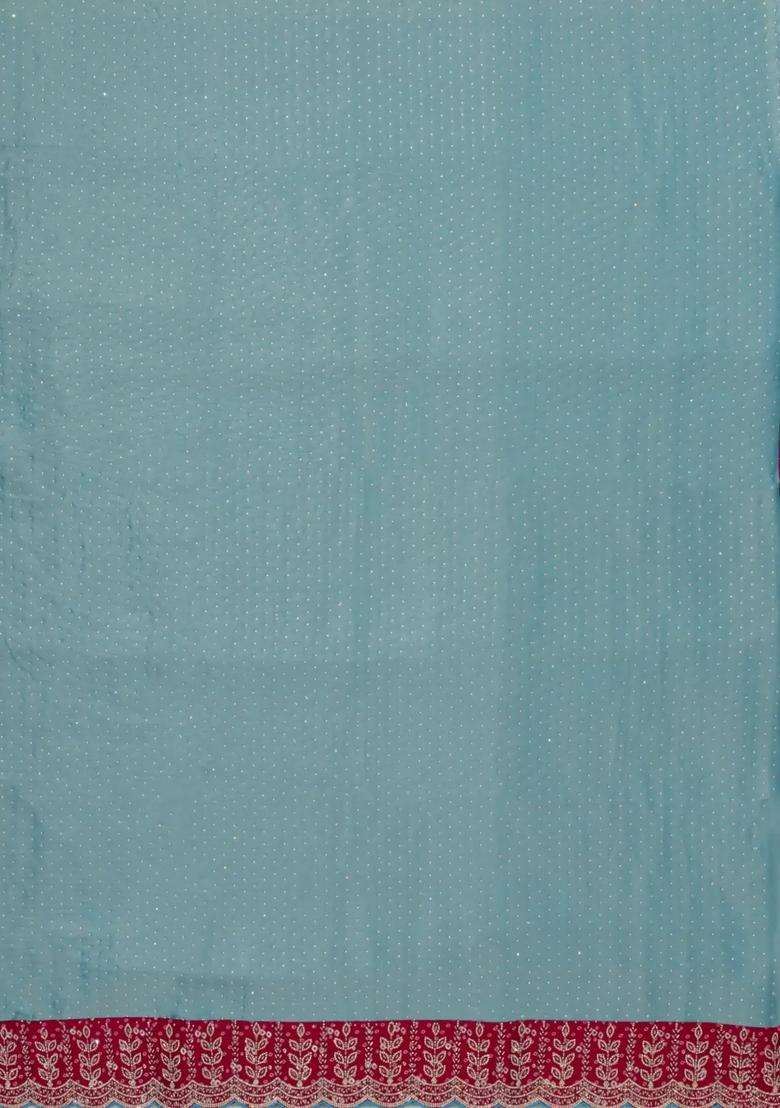 Cyan Woven Synthetic Blended Tissue Saree With Embroidered Border For Women - Indya