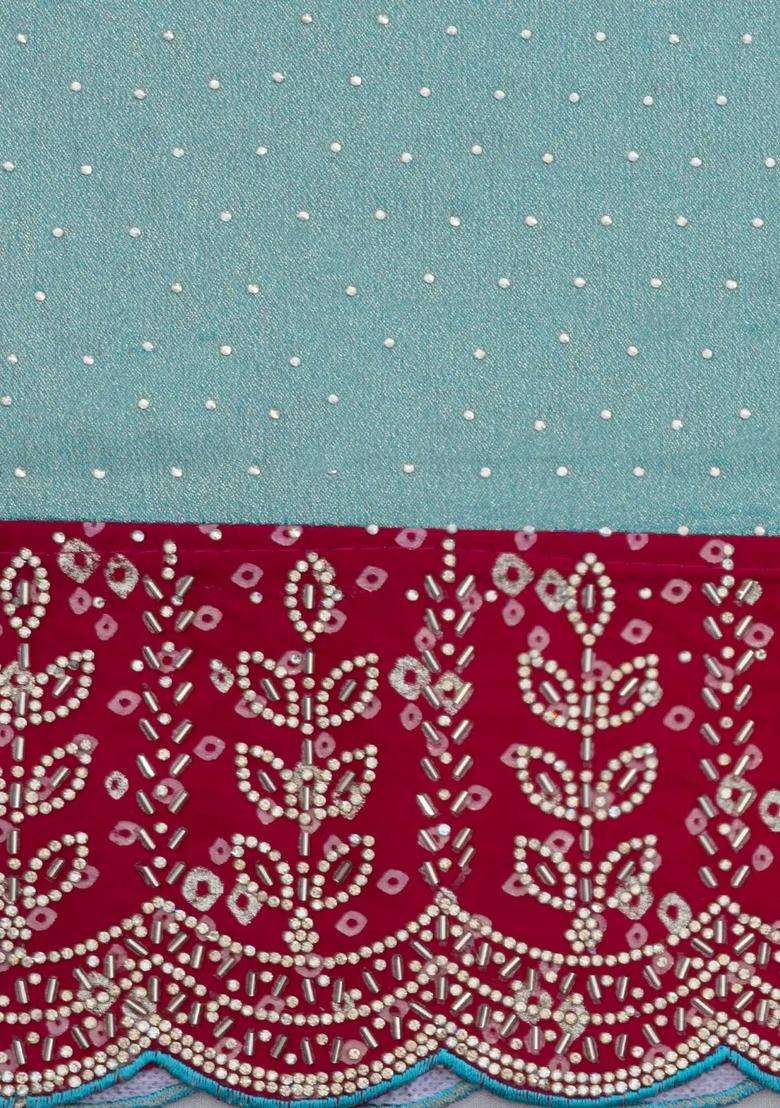 Cyan Woven Synthetic Blended Tissue Saree With Embroidered Border For Women - Indya