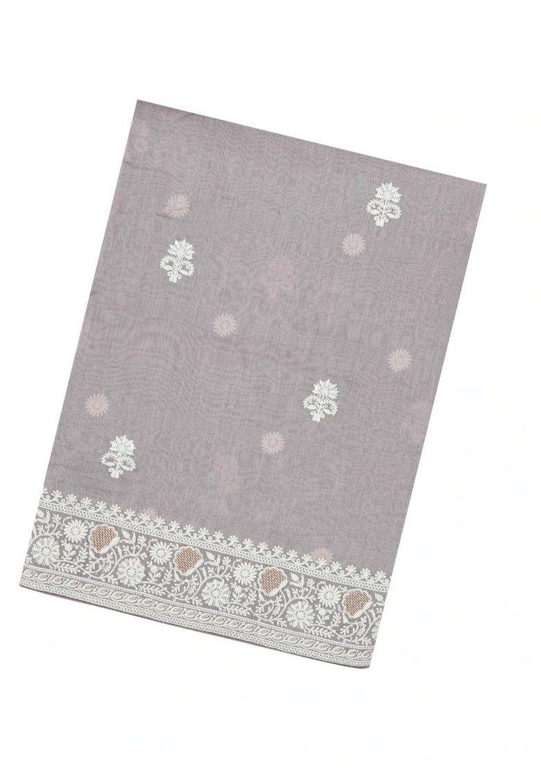Grey Woven Synthetic Blended Art Silk Saree With Embroidered Motifs For Women - Indya