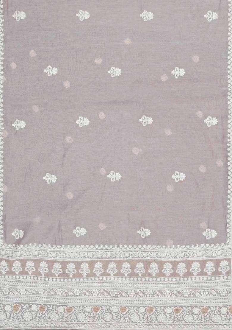 Grey Woven Synthetic Blended Art Silk Saree With Embroidered Motifs For Women - Indya