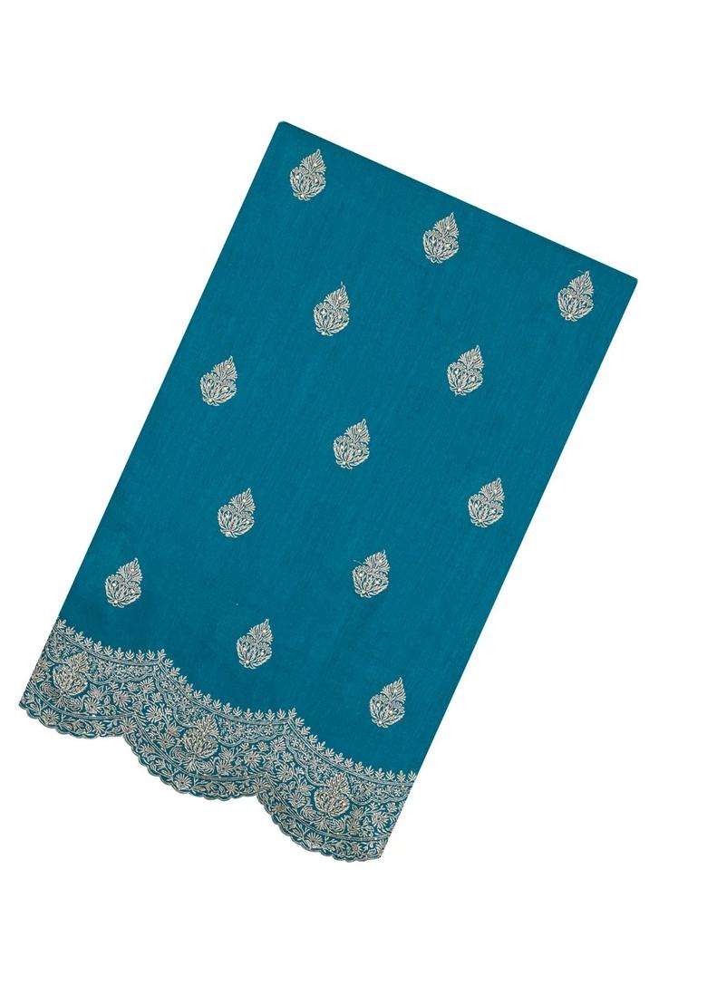 Cyan Woven Synthetic Blended Art Silk Saree With Embroidered Motifs For Women - Indya