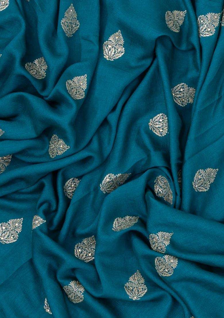 Cyan Woven Synthetic Blended Art Silk Saree With Embroidered Motifs For Women - Indya