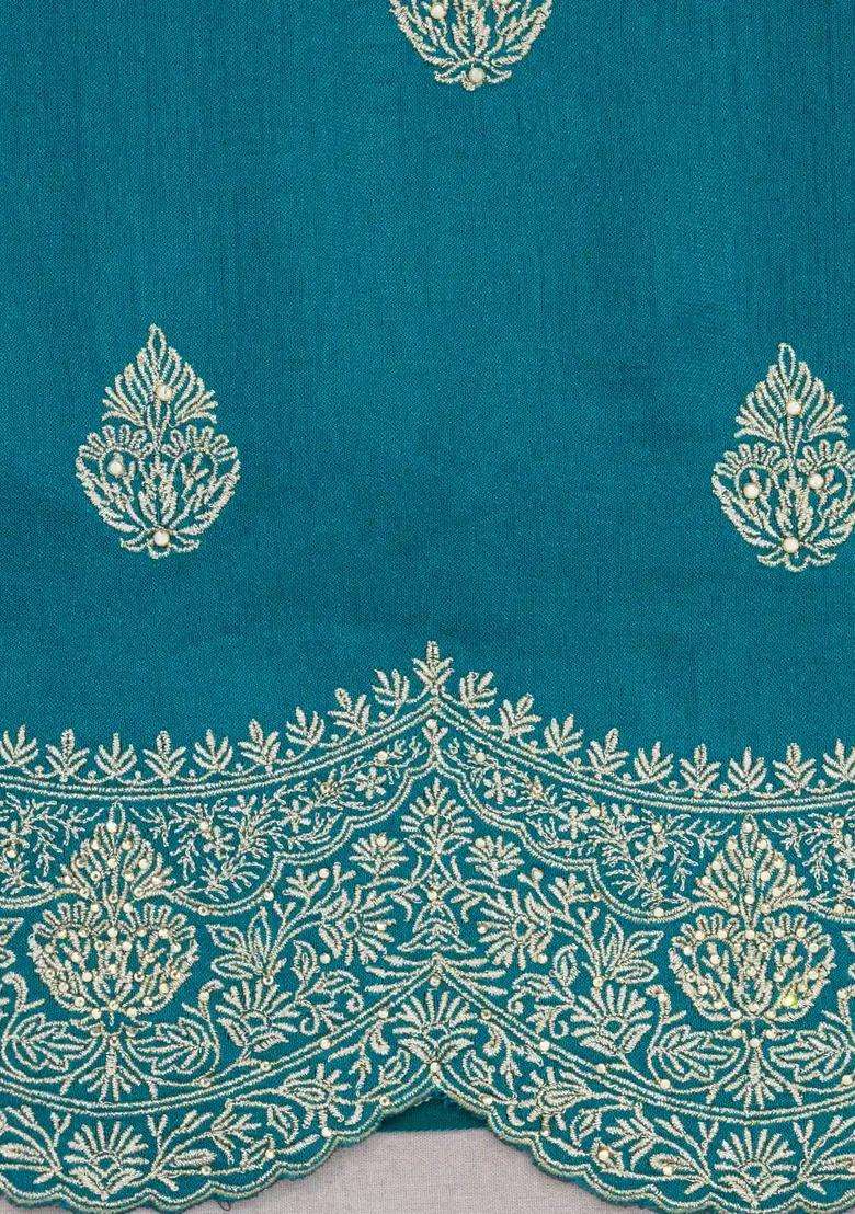 Cyan Woven Synthetic Blended Art Silk Saree With Embroidered Motifs For Women - Indya