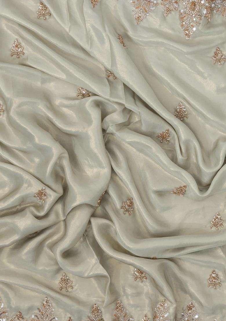 Taupe Woven Synthetic Blended Tissue Saree With Embroidered Motifs For Women - Indya