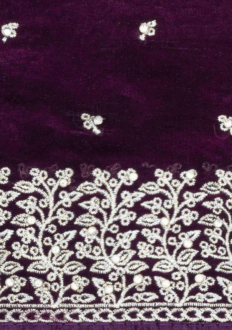 Dark Purple Woven Synthetic Blended Tissue Saree With Embroidered Motifs For Women - Indya