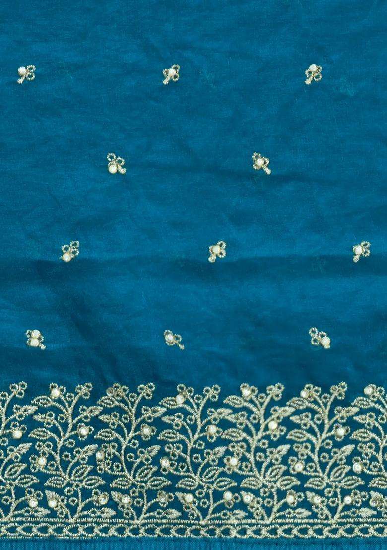 Sky Blue Woven Synthetic Blended Tissue Saree With Embroidered Motifs For Women - Indya