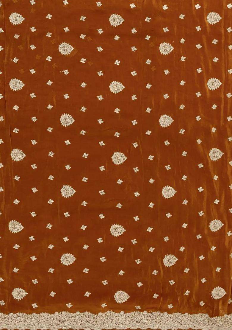 Oil Mustard Woven Synthetic Blended Tissue Saree With Embroidered Motifs For Women - Indya
