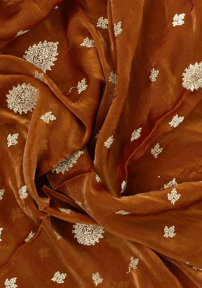 Oil Mustard Woven Synthetic Blended Tissue Saree With Embroidered Motifs For Women - Indya