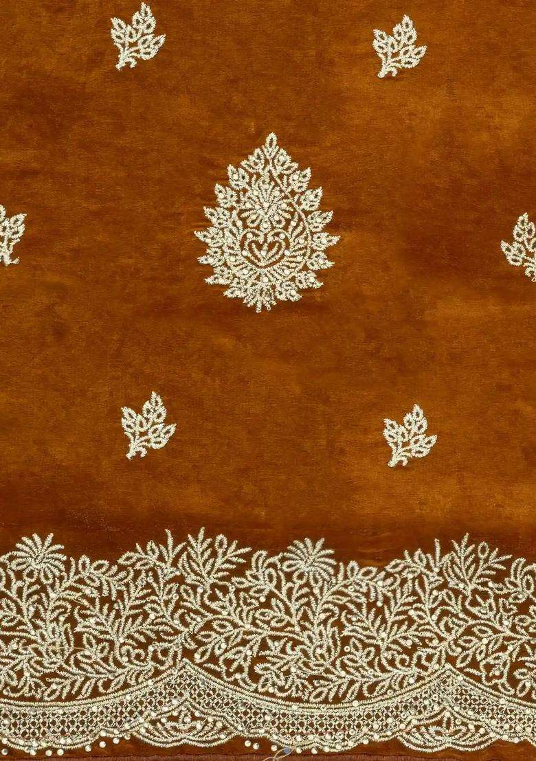 Oil Mustard Woven Synthetic Blended Tissue Saree With Embroidered Motifs For Women - Indya