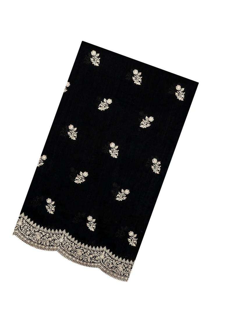 Black Woven Synthetic Blended Art Silk Saree With Embroidered Motifs For Women - Indya