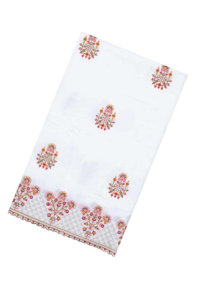 White Woven Synthetic Blended Art Silk Saree With Embroidered Motifs For Women - Indya