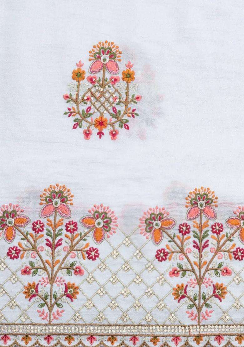 White Woven Synthetic Blended Art Silk Saree With Embroidered Motifs For Women - Indya