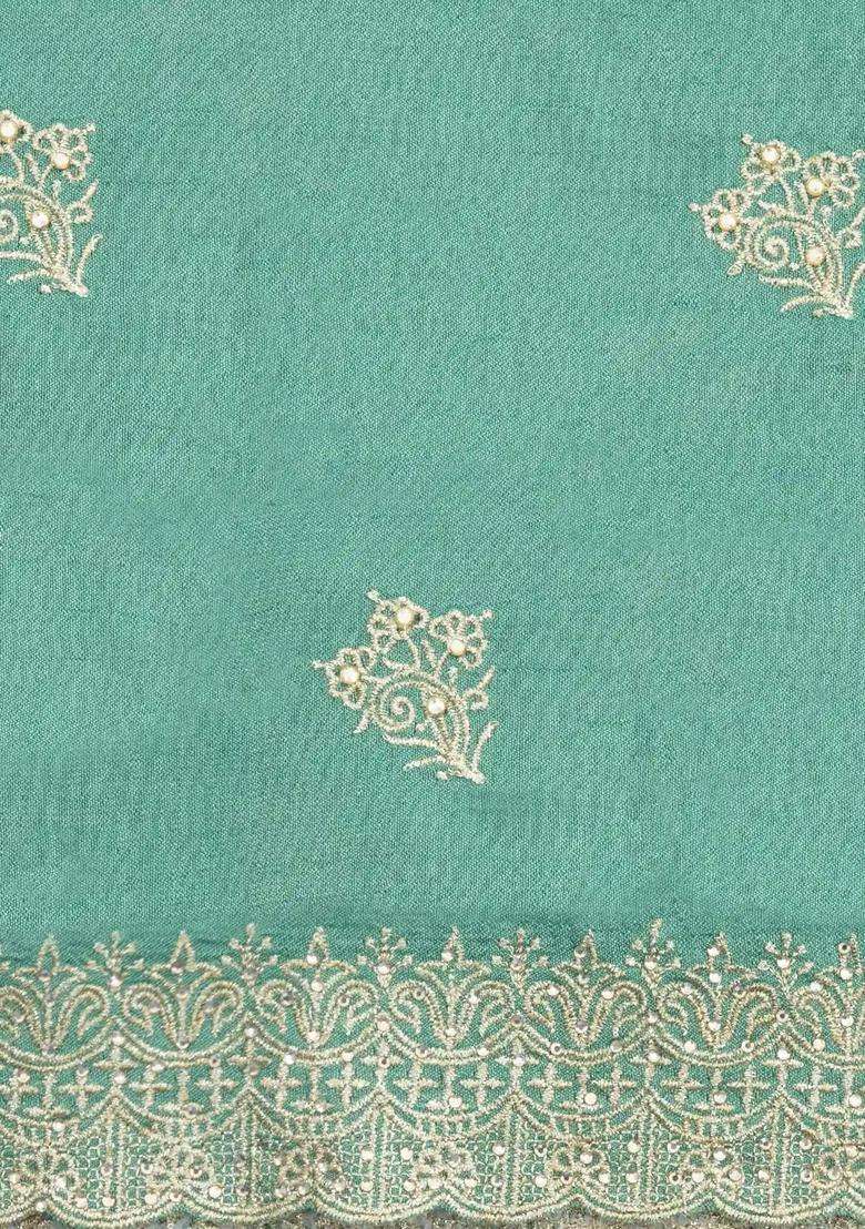 Aquamarine Woven Synthetic Blended Art Silk Saree With Embroidered Motifs For Women - Indya