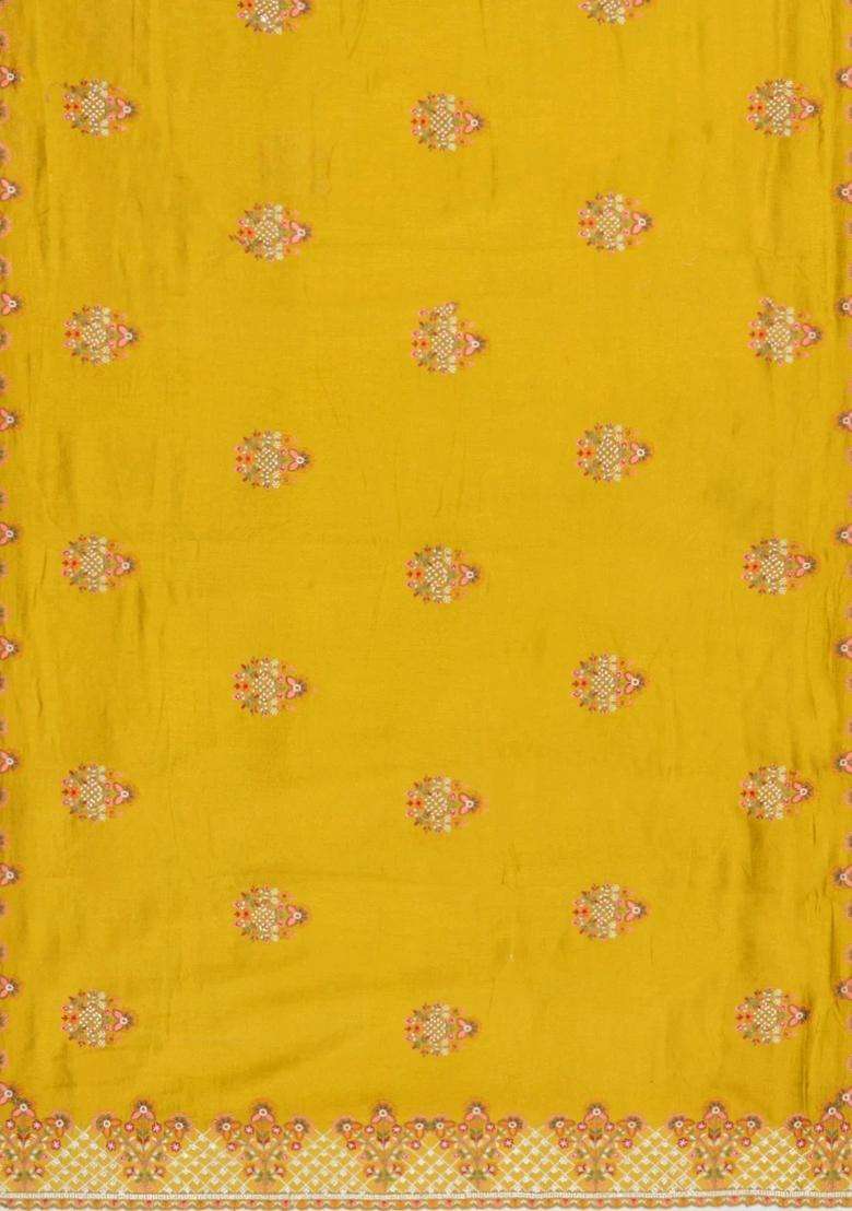 Mustard Woven Synthetic Blended Art Silk Saree With Embroidered Motifs For Women - Indya