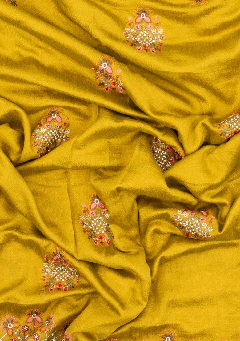 Mustard Woven Synthetic Blended Art Silk Saree With Embroidered Motifs For Women - Indya
