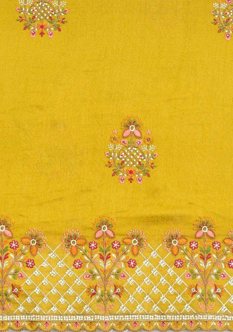 Mustard Woven Synthetic Blended Art Silk Saree With Embroidered Motifs For Women - Indya