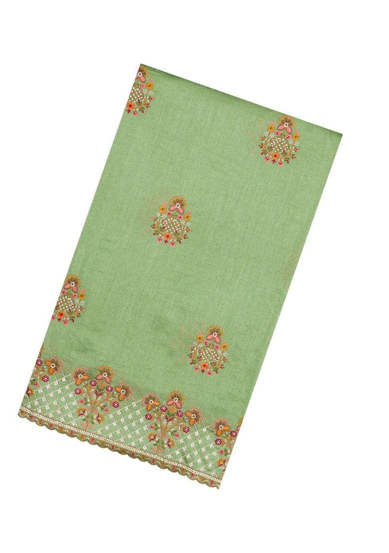 Cardamom Green Woven Synthetic Blended Art Silk Saree With Embroidered Motifs For Women - Indya