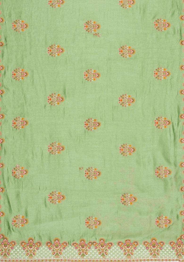 Cardamom Green Woven Synthetic Blended Art Silk Saree With Embroidered Motifs For Women - Indya