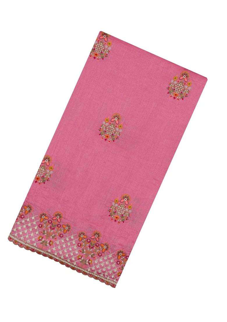 Bubblegum Pink Woven Synthetic Blended Art Silk Saree With Embroidered Motifs For Women - Indya
