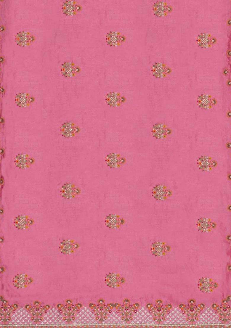Bubblegum Pink Woven Synthetic Blended Art Silk Saree With Embroidered Motifs For Women - Indya
