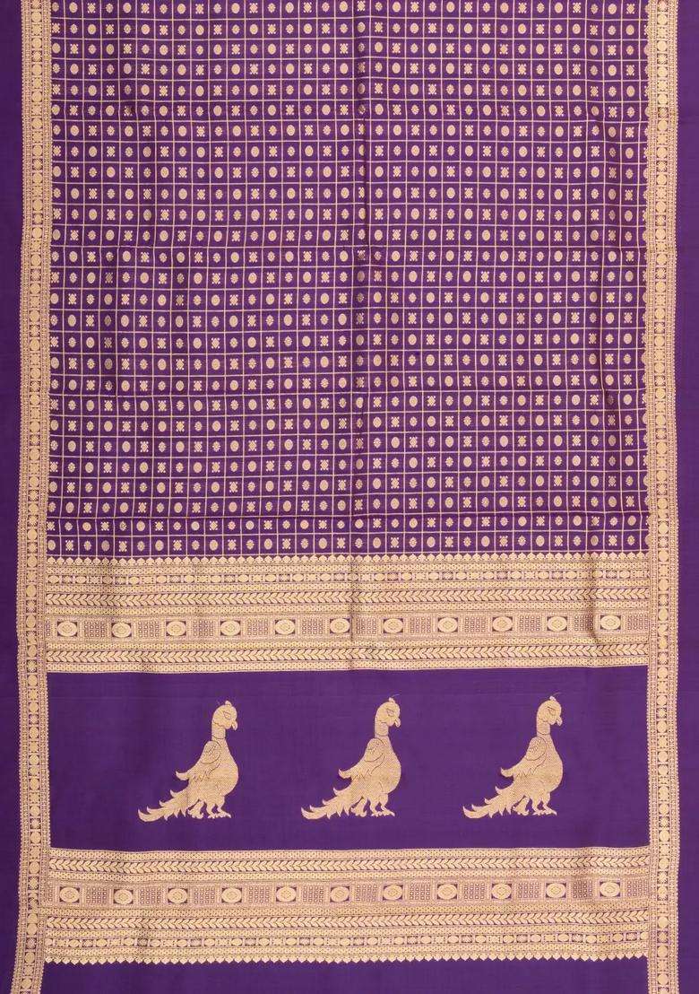 Purple Handloom Kanchipuram Silk Saree With Checks Buttas With Buttas And Brocade Design For Women - Indya